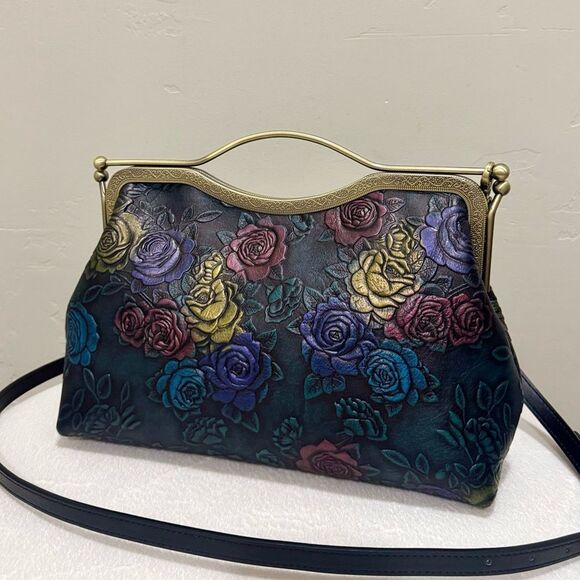 Unique Colorful Rose Embossed Cowhide Handmade  Retro Style Kisslock Handbag - Picture 6 of 17